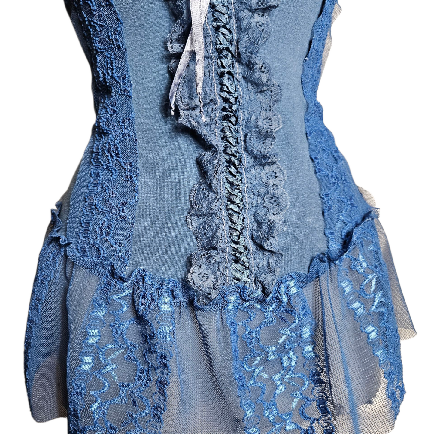 Blue asymmetrical top with lace and lacing