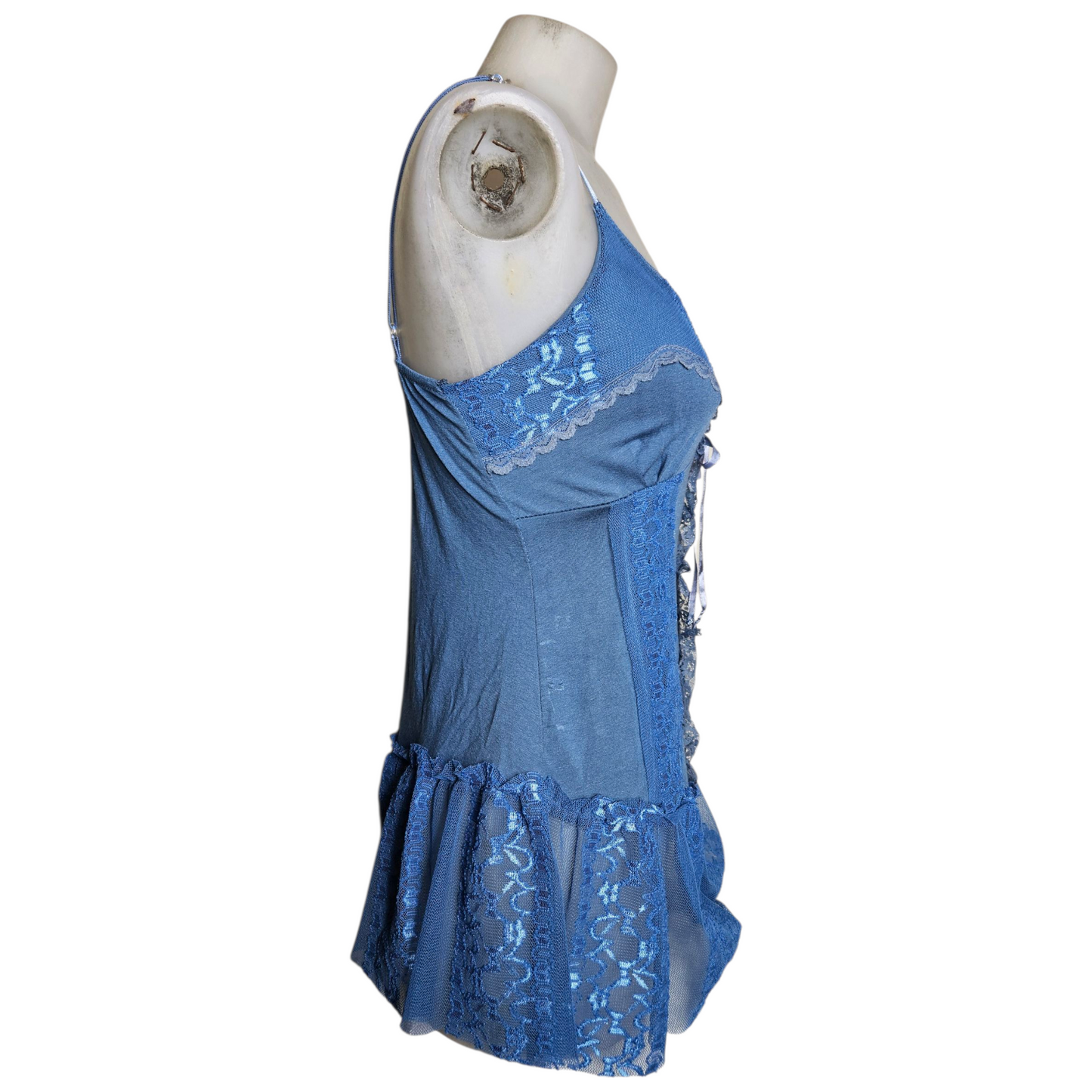Blue asymmetrical top with lace and lacing