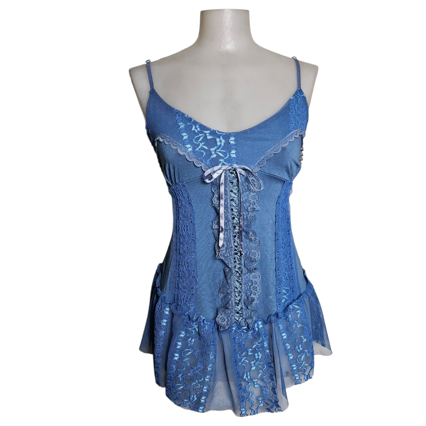 Blue asymmetrical top with lace and lacing