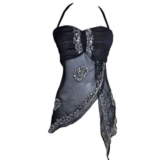 Asymmetrical backless top in embroidered voile