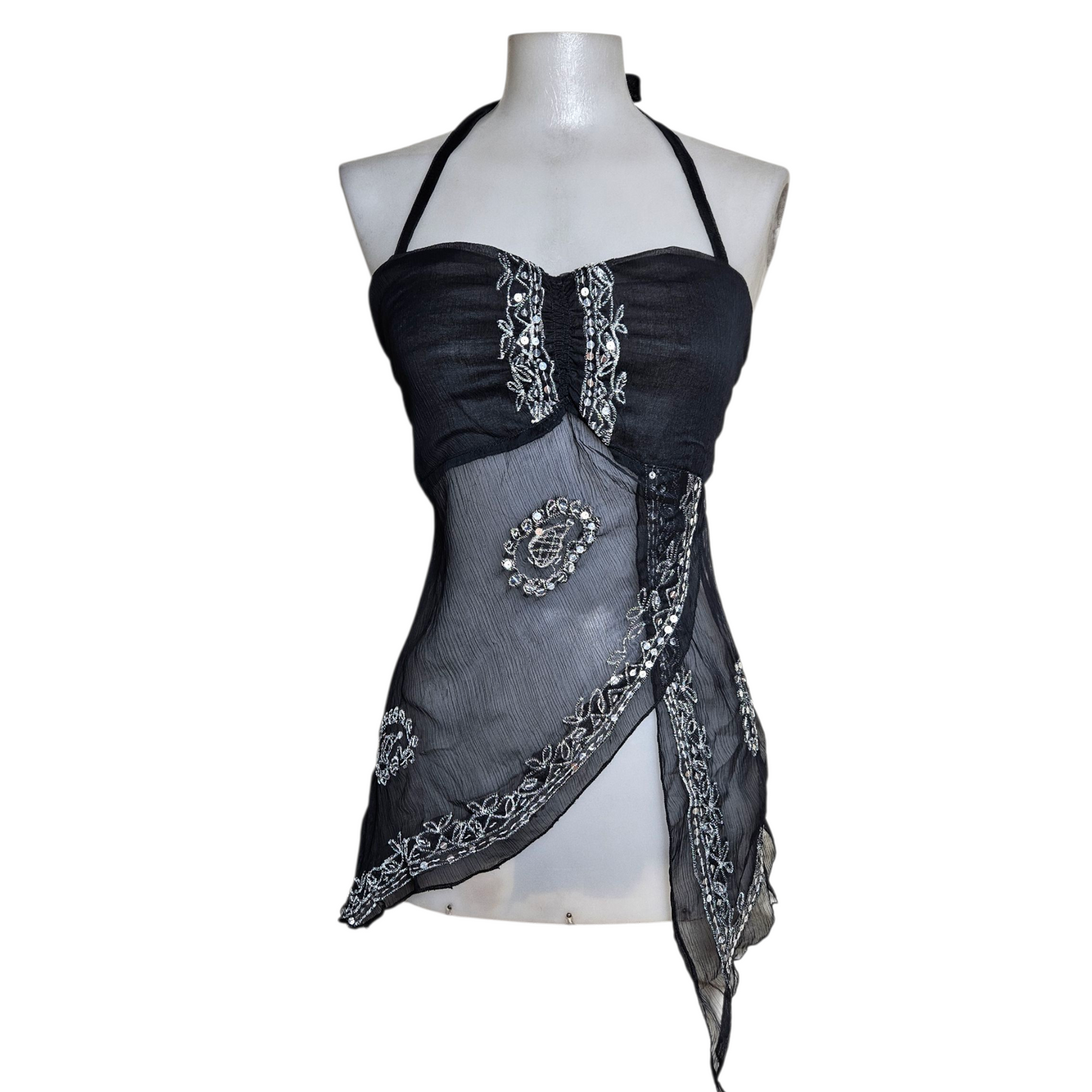 Asymmetrical backless top in embroidered voile