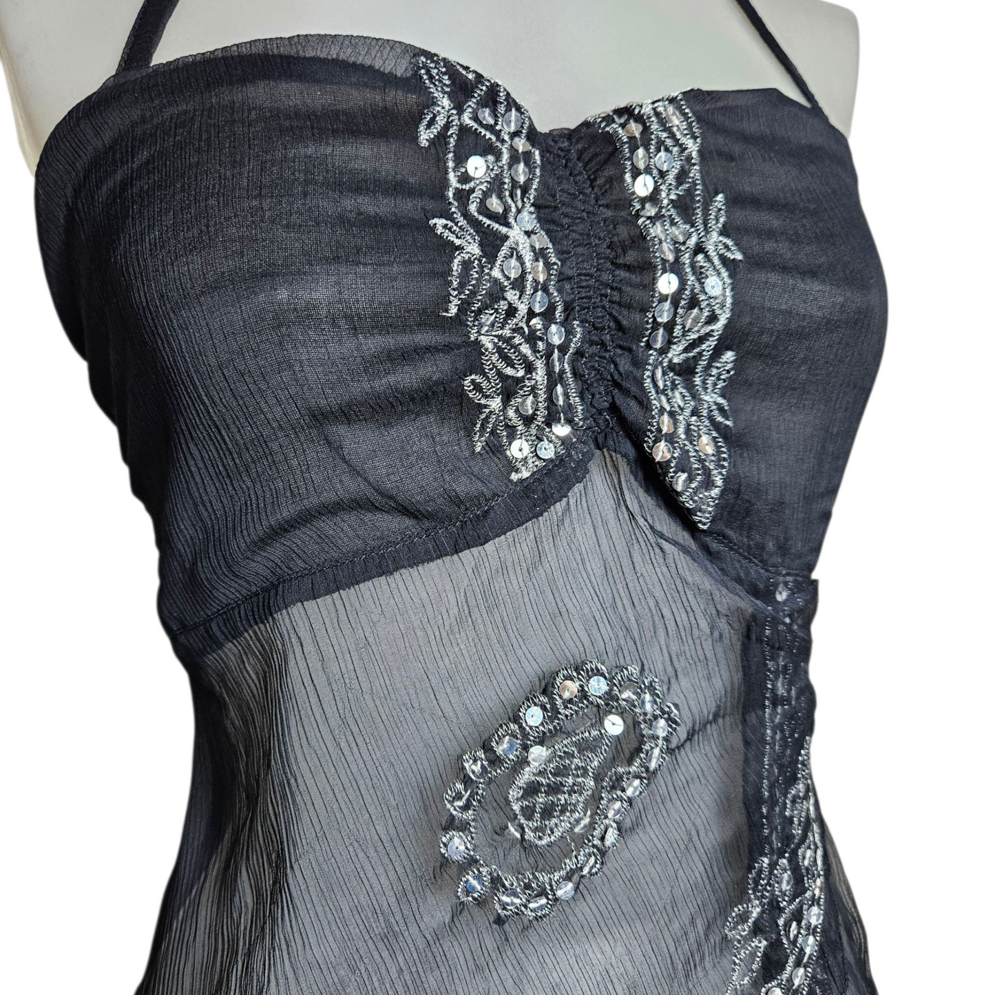 Asymmetrical backless top in embroidered voile