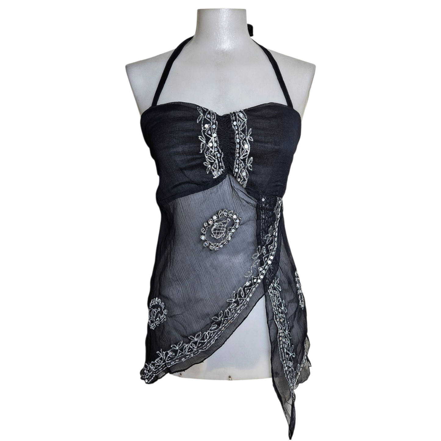 Asymmetrical backless top in embroidered voile