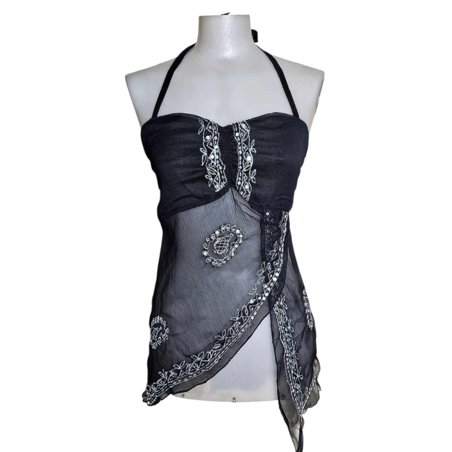 Asymmetrical backless top in embroidered voile
