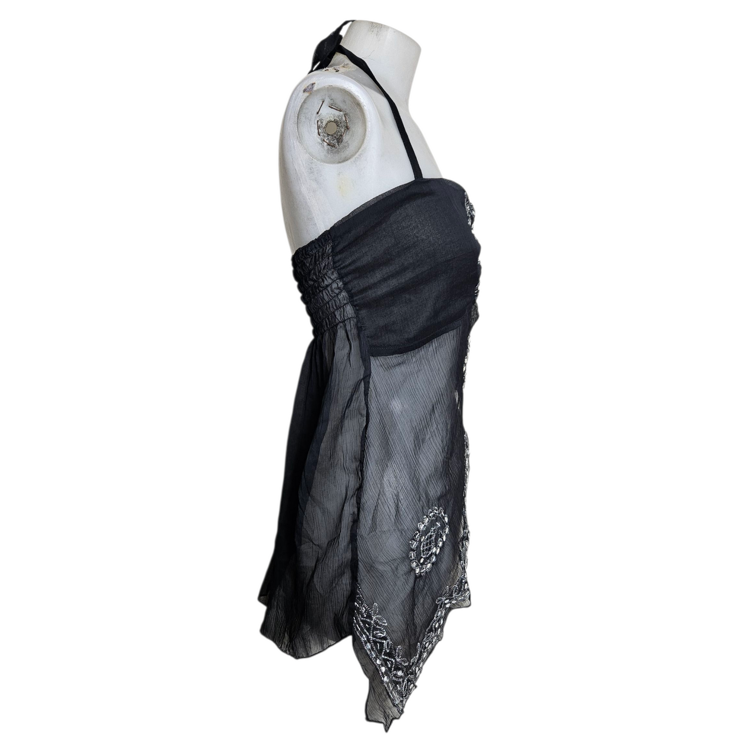 Asymmetrical backless top in embroidered voile