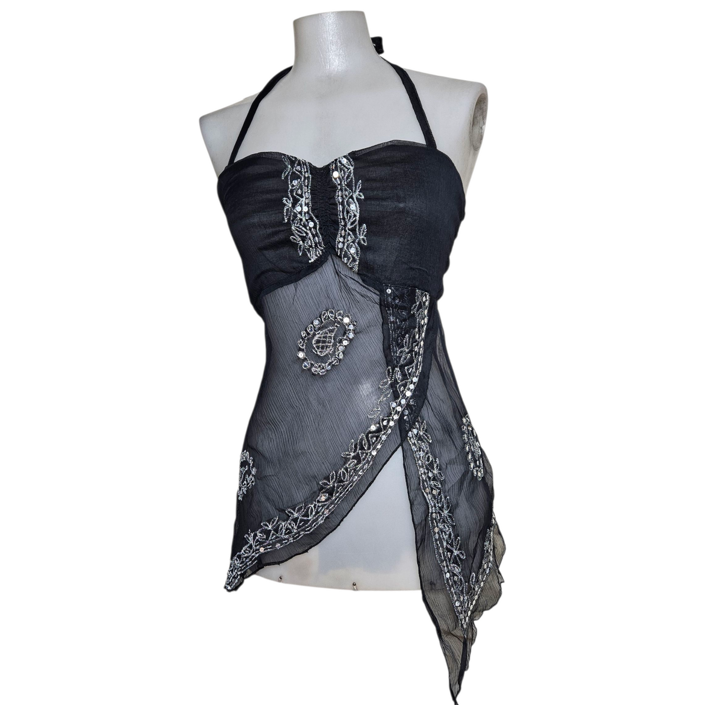 Asymmetrical backless top in embroidered voile