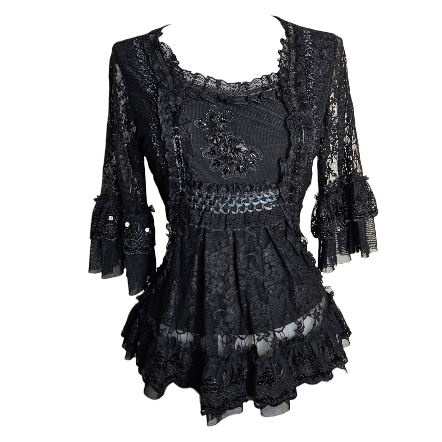 Haut noir en dentelle brodée