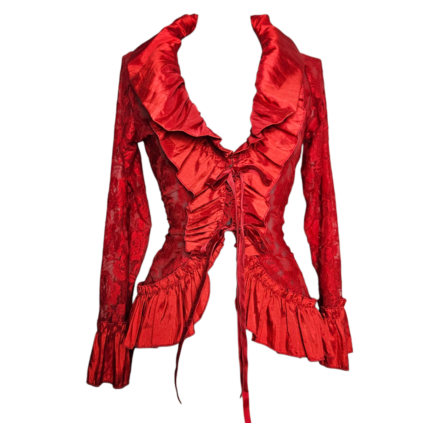 Chemisier rouge satin et dentelle