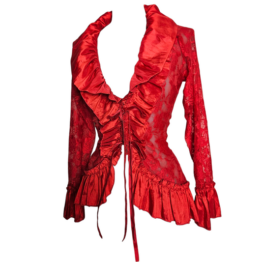 Chemisier rouge satin et dentelle