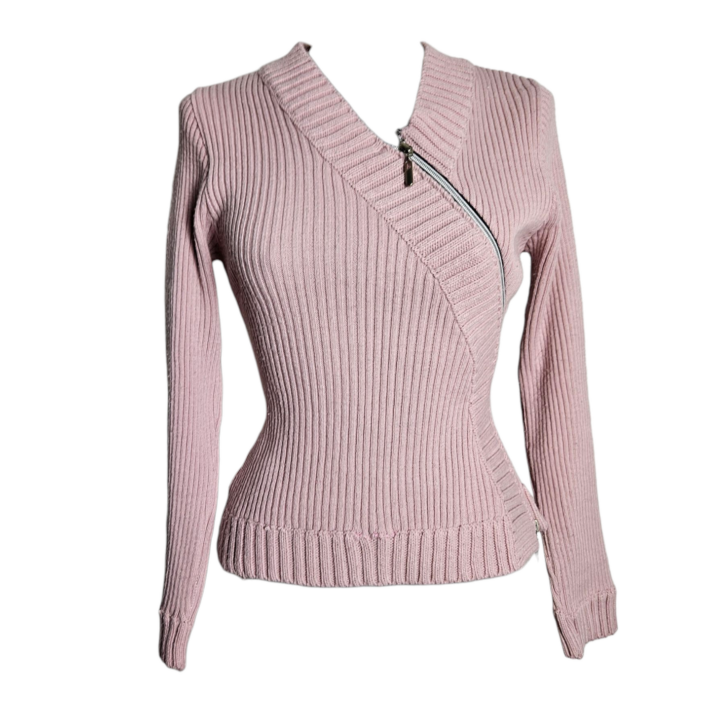 Pull côtelé rose à zip