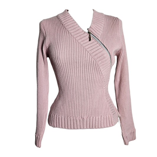 Pull côtelé rose à zip