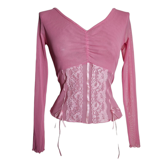 Haut en voile rose avec dentelle