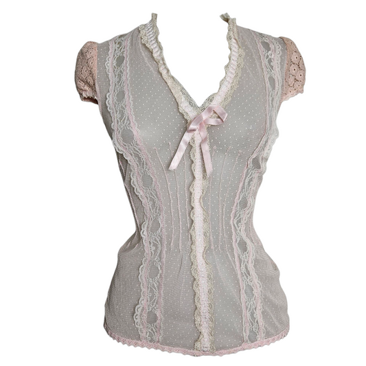 Haut en voile et dentelle rose poudré