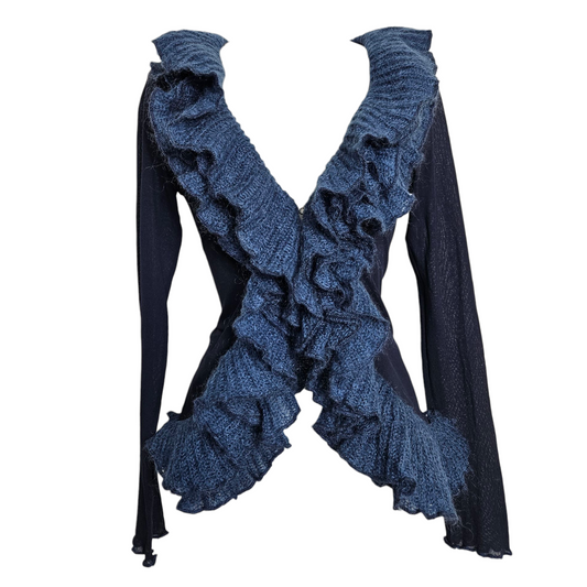 Cardigan bleu détails volants en crochet