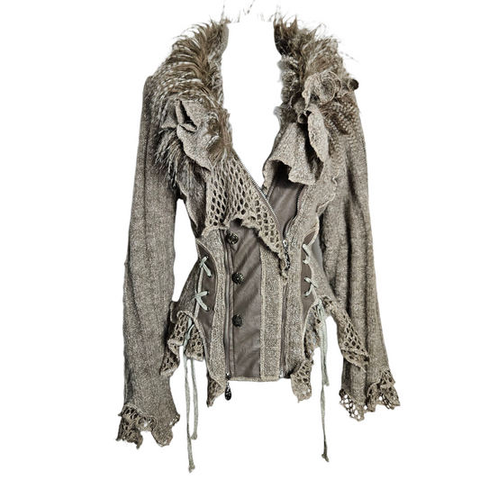 Cardigan épais laçage et fausses plumes