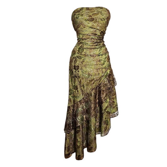 Robe strapless en dentelle verte et marron