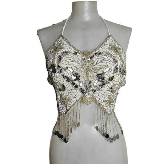 Dos nu papillon brodé blanc et argent