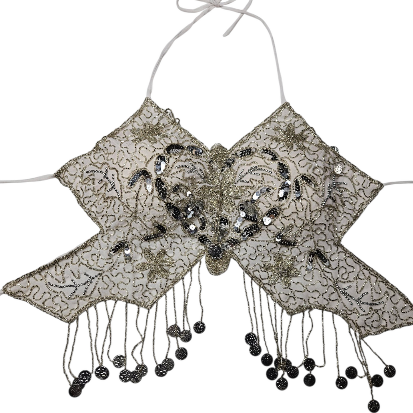 Dos nu papillon brodé blanc et argent