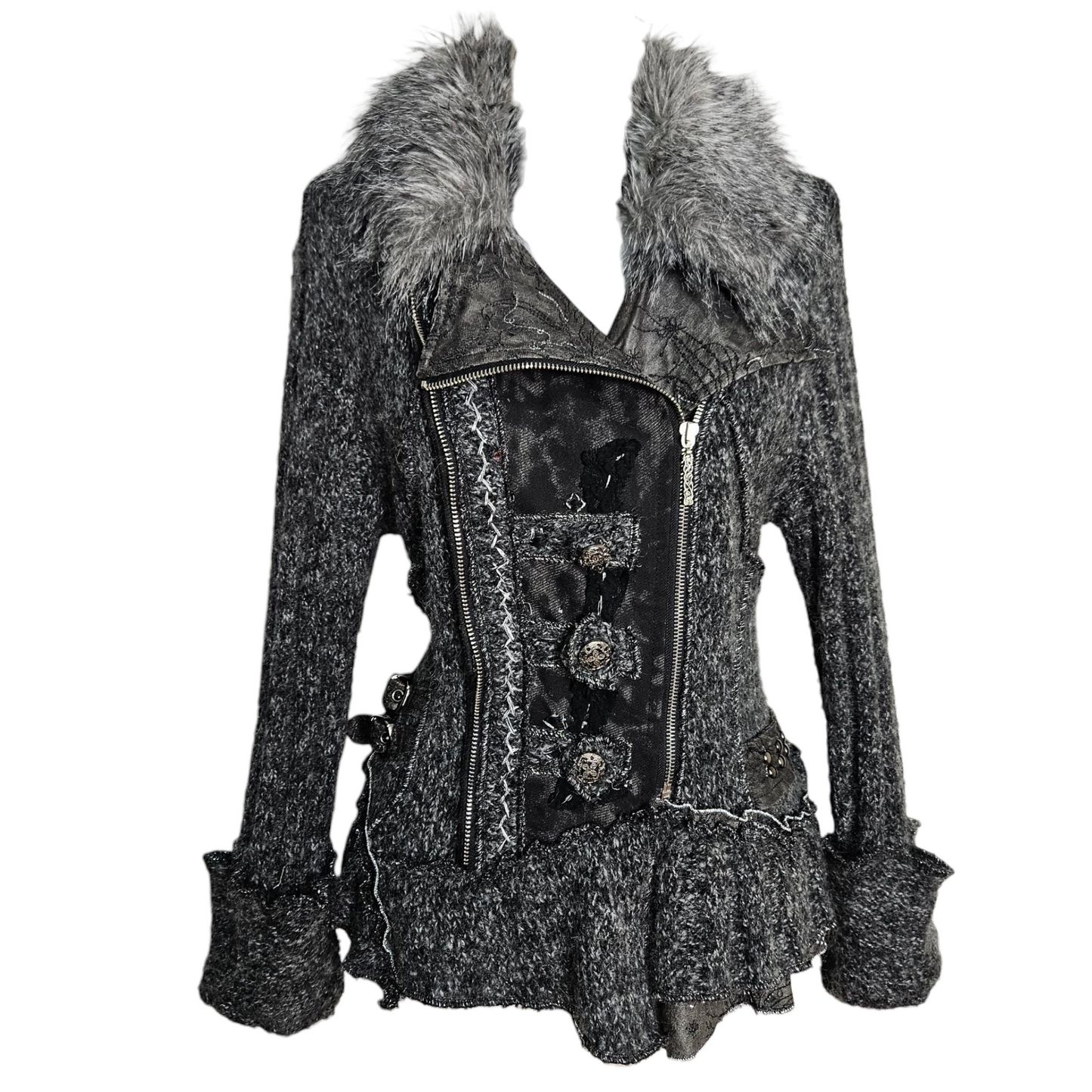 Veste gris chiné col fausse fourrure