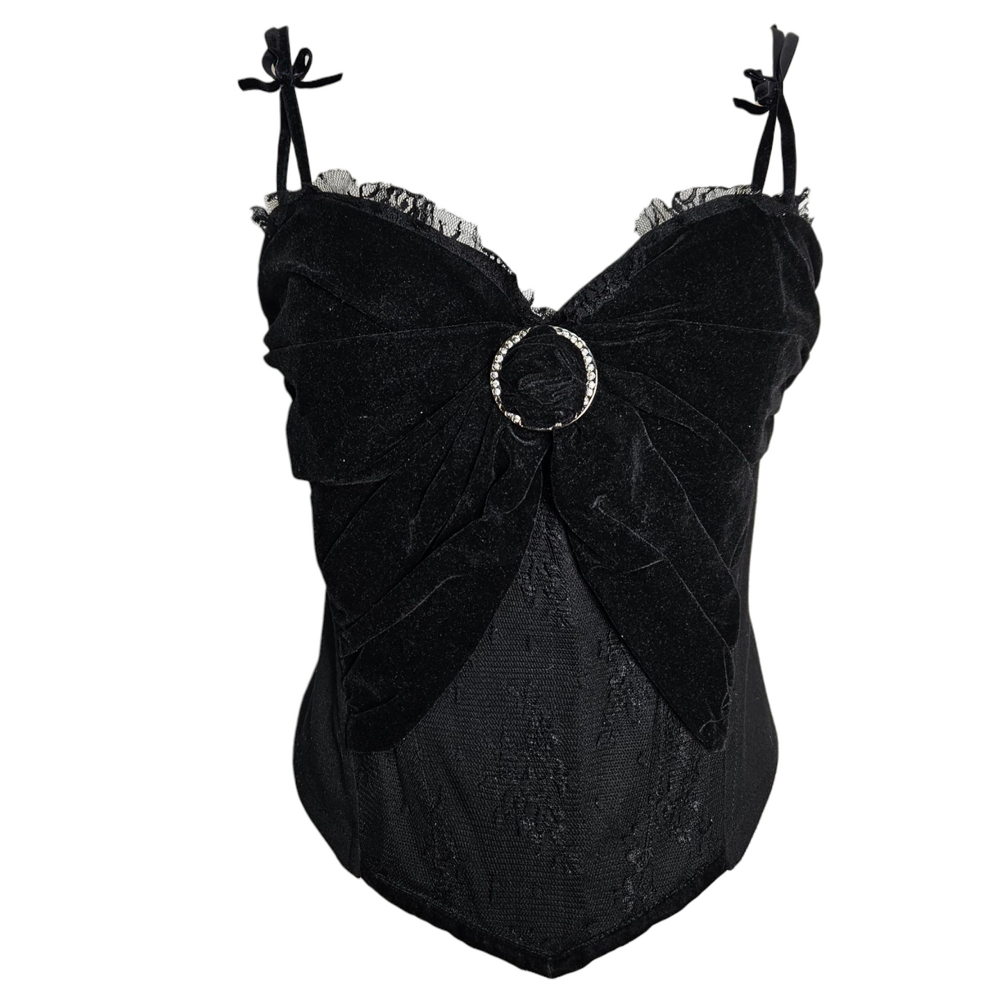 Bustier noir velours, dentelle et strass