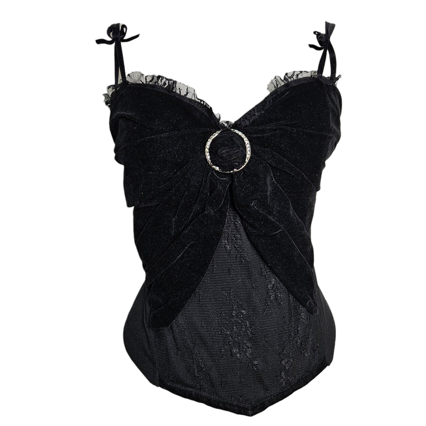 Bustier noir velours, dentelle et strass