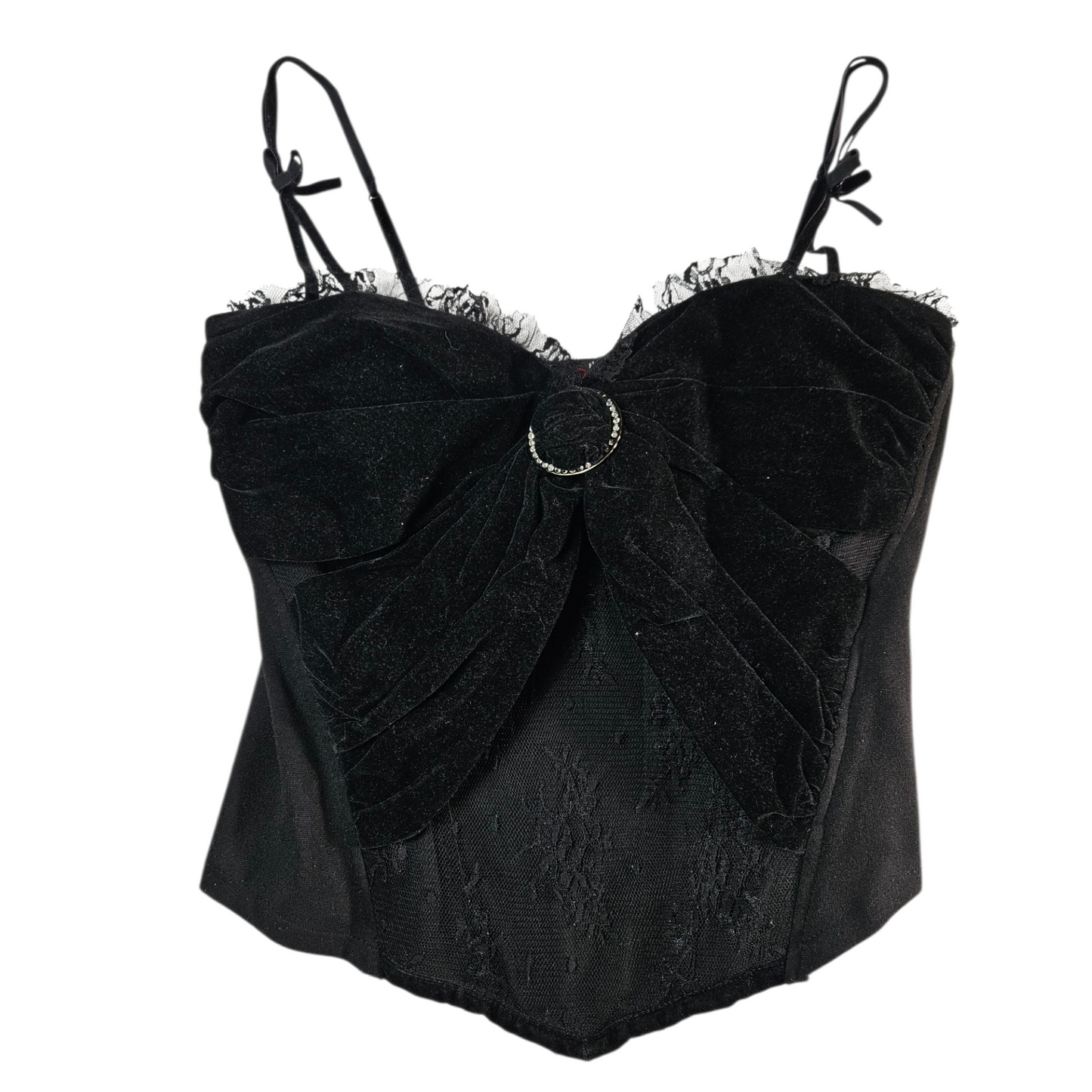 Bustier noir velours, dentelle et strass