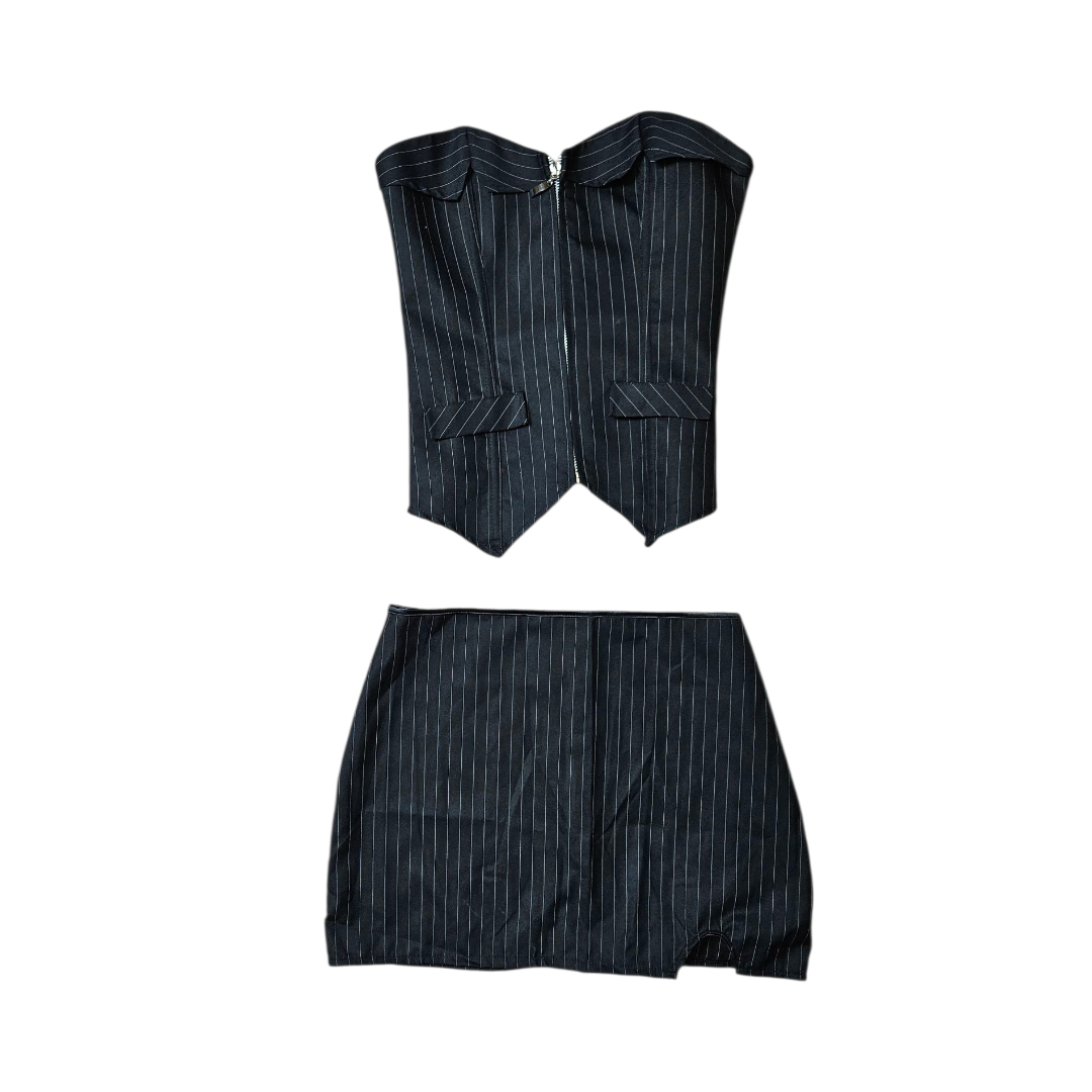 Vintage black pinstripe corset and mini skirt set, tailored Y2K fairycore and dark whimsigoth aesthetic with a sharp, chic silhouette.