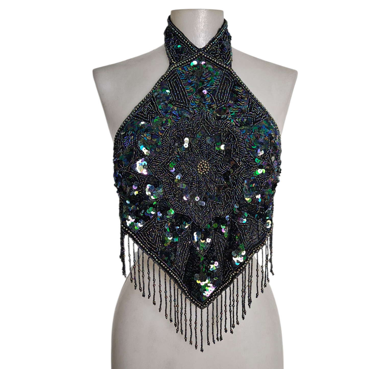 Dos nu brodé de sequins noir et vert