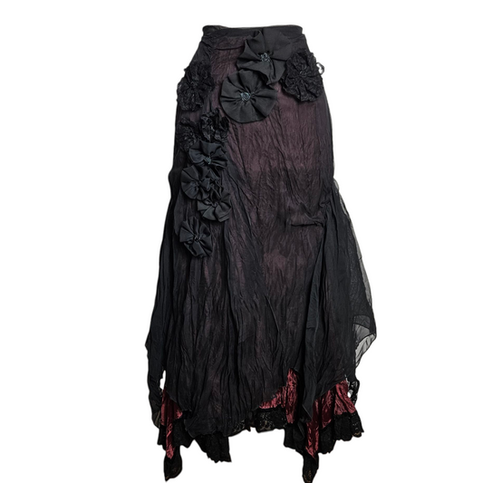 Jupe asymétrique en voile noir fond bordeaux