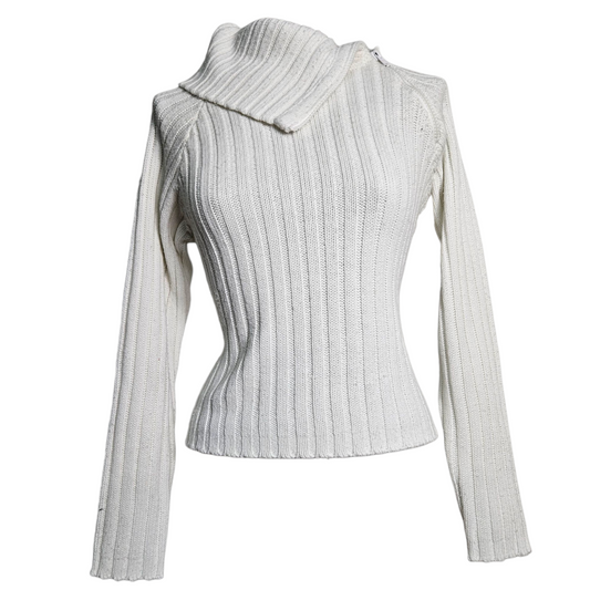 White ribbed zip-up sweater