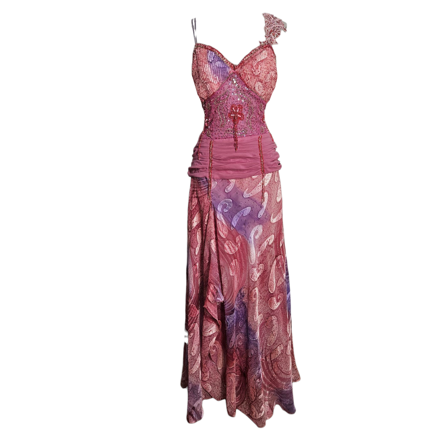 Robe de soirée tons rose, orange, lila