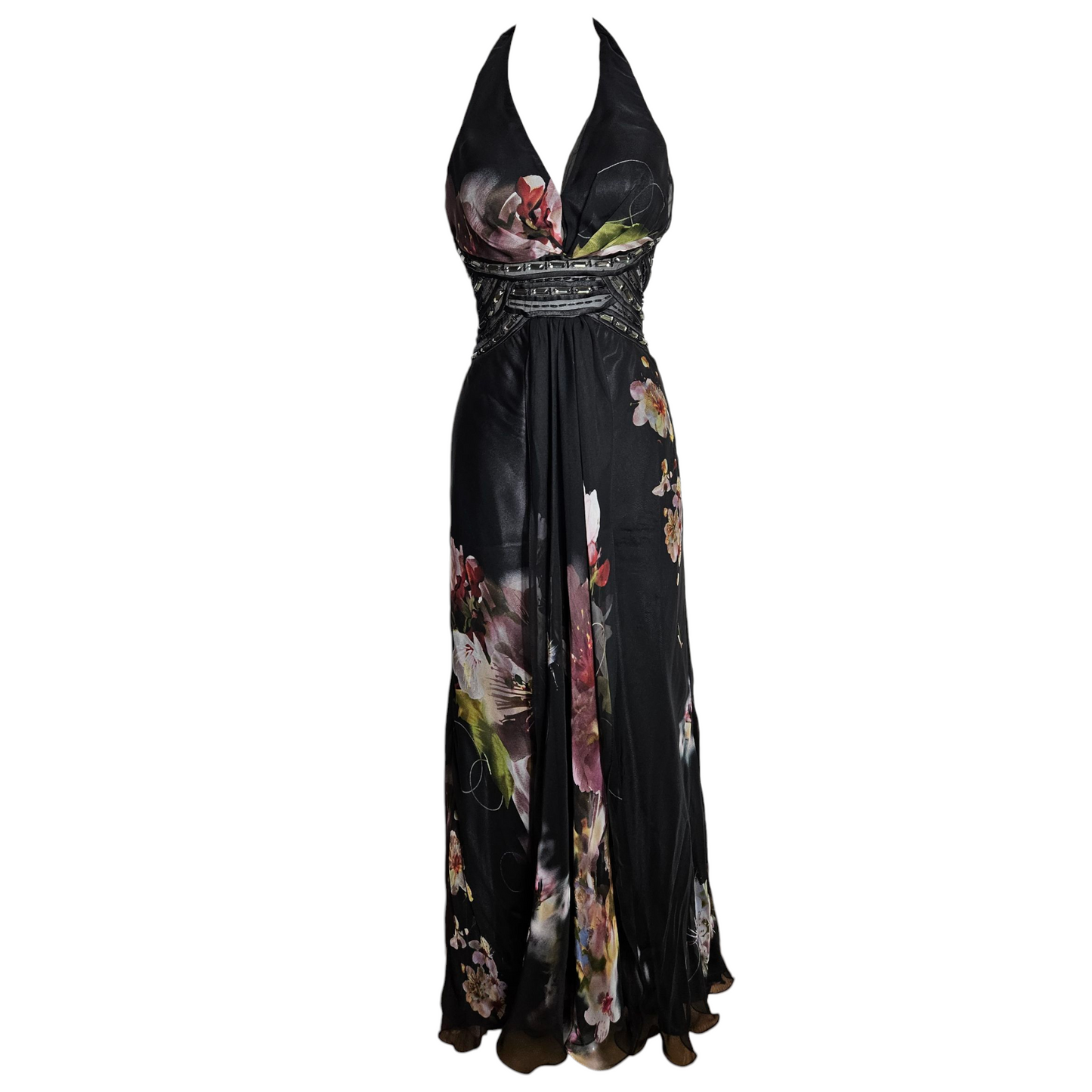 Maxi black floral dress with open back