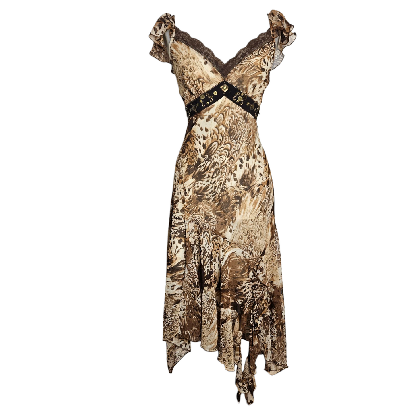 Robe asymétrique en voile beige et marron