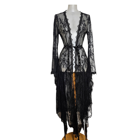 Vintage black lace sheer cardigan dress with scalloped edges and long sleeves, photographed from the front on white background by Lucid Dream 2007 