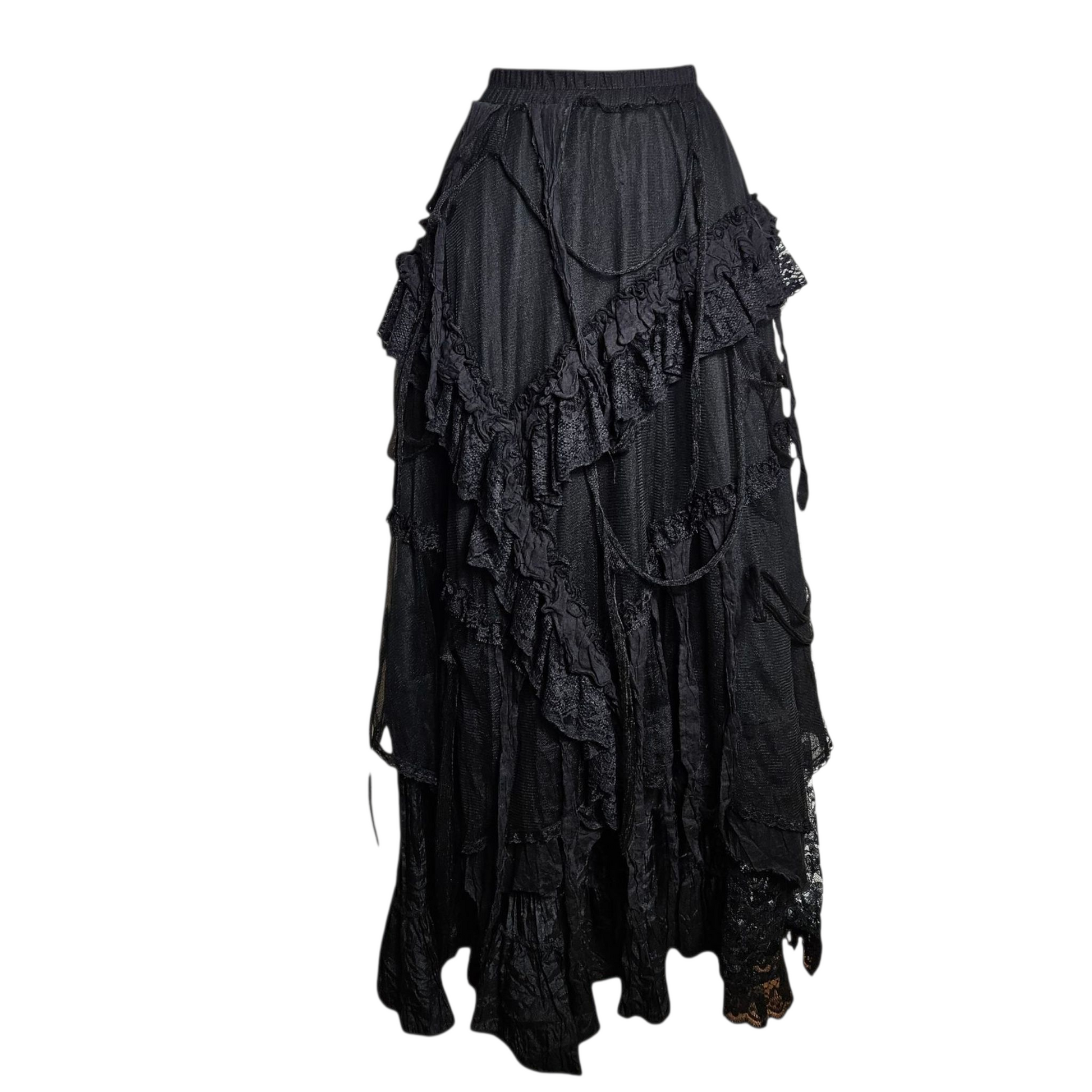 Vintage black layered mesh skirt with ruffles and distressed details, photographed from the front on white background by Lucid Dream 2007 