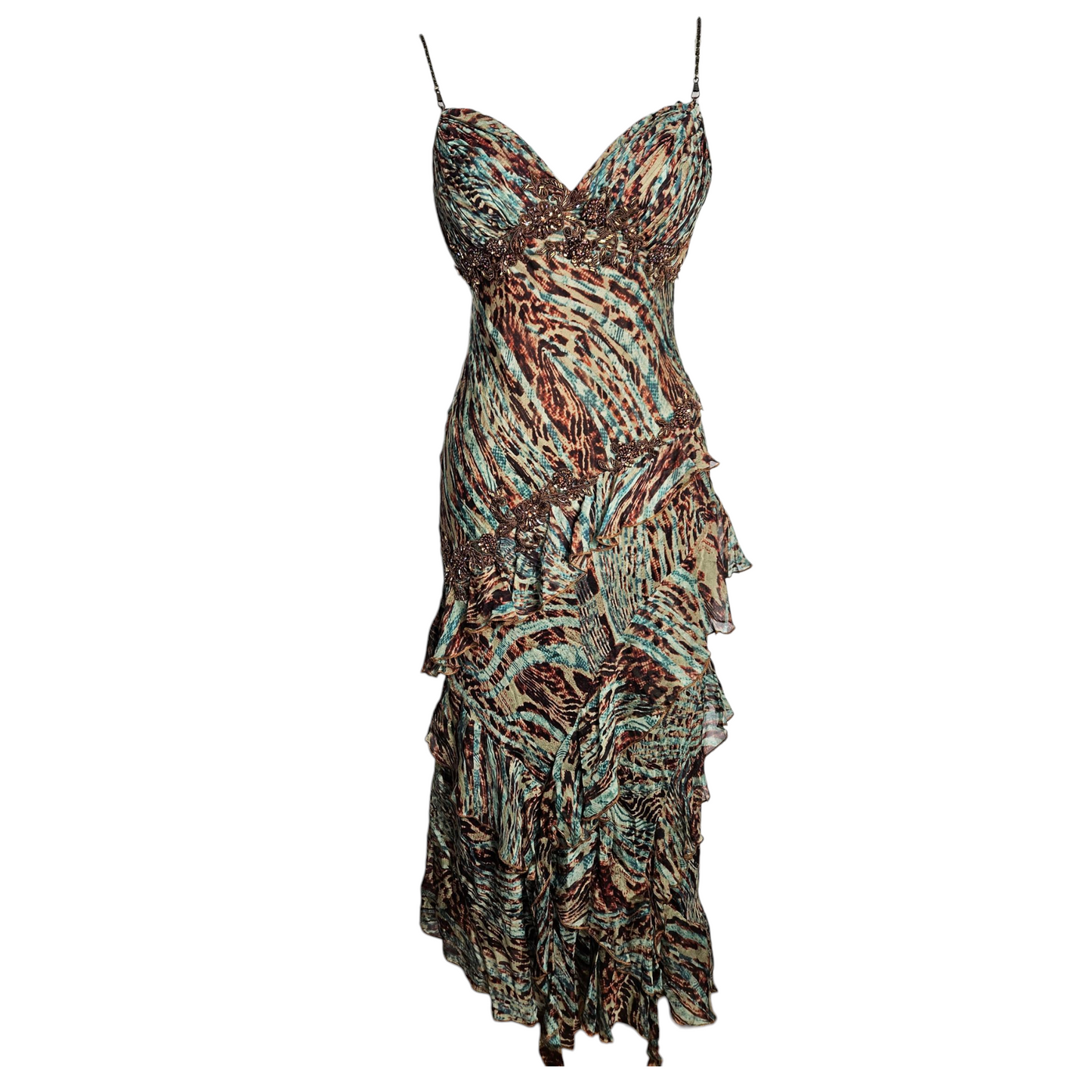 Vintage tiered maxi dress with an abstract tiger and zebra animal print, featuring thin straps and beaded details on the bodice.