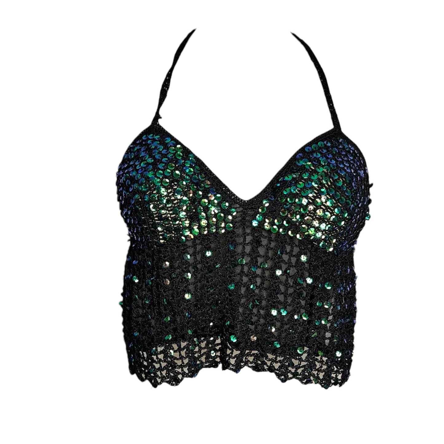 green and black sequined halter top