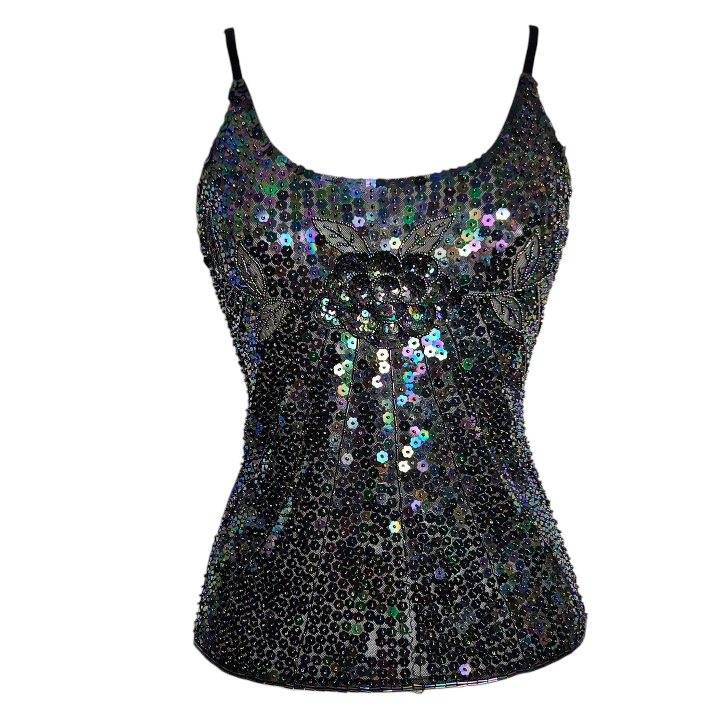Top negro con lentejuelas multicolor