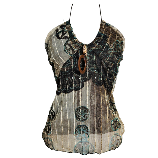 Vintage halter mesh top with abstract earth tone print and front ring detail, photographed on mannequin against neutral background by Lucid Dream 2007