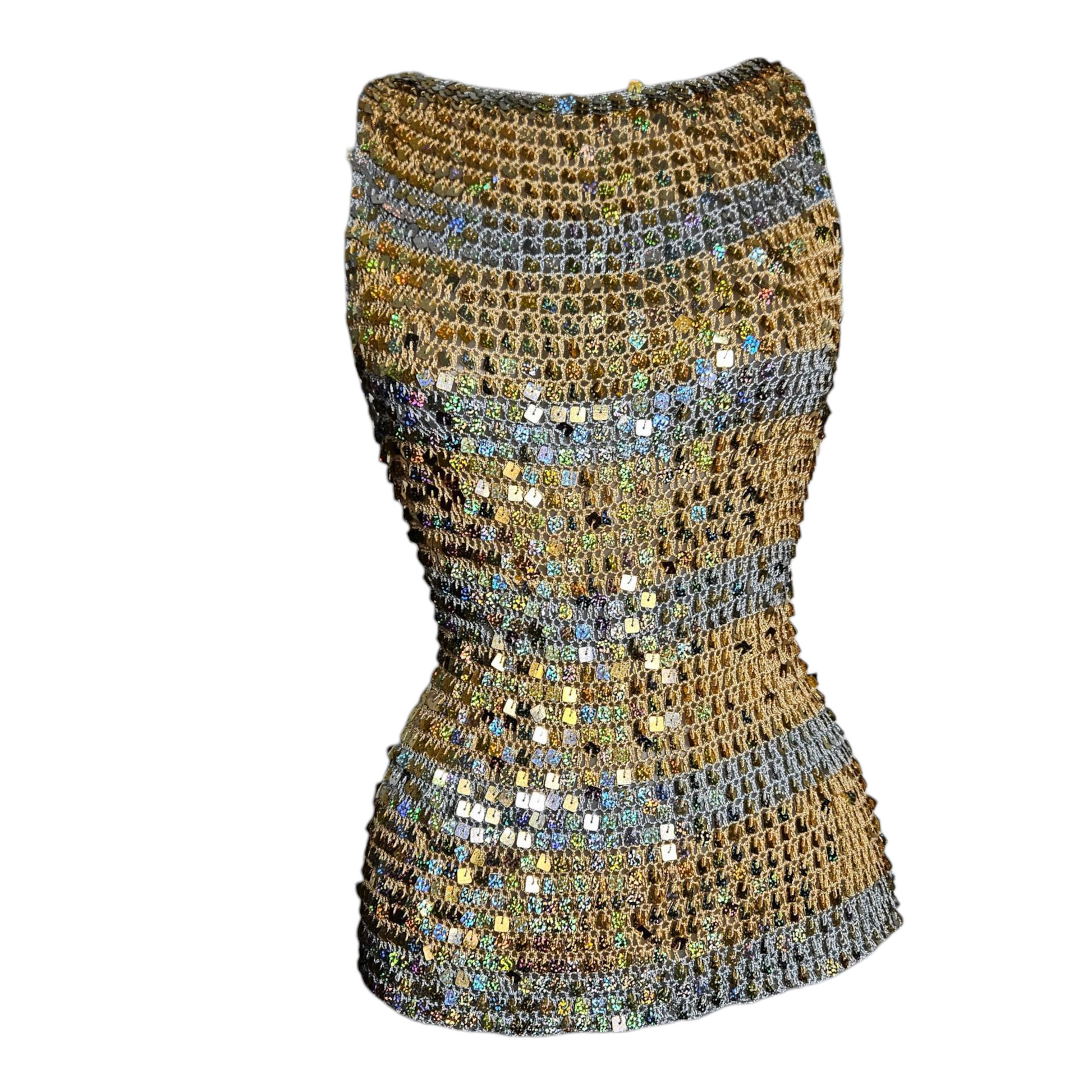 Vintage gold and silver crochet sequin top with sleeveless cut and fitted silhouette, photographed on mannequin against neutral background by Lucid Dream 2007