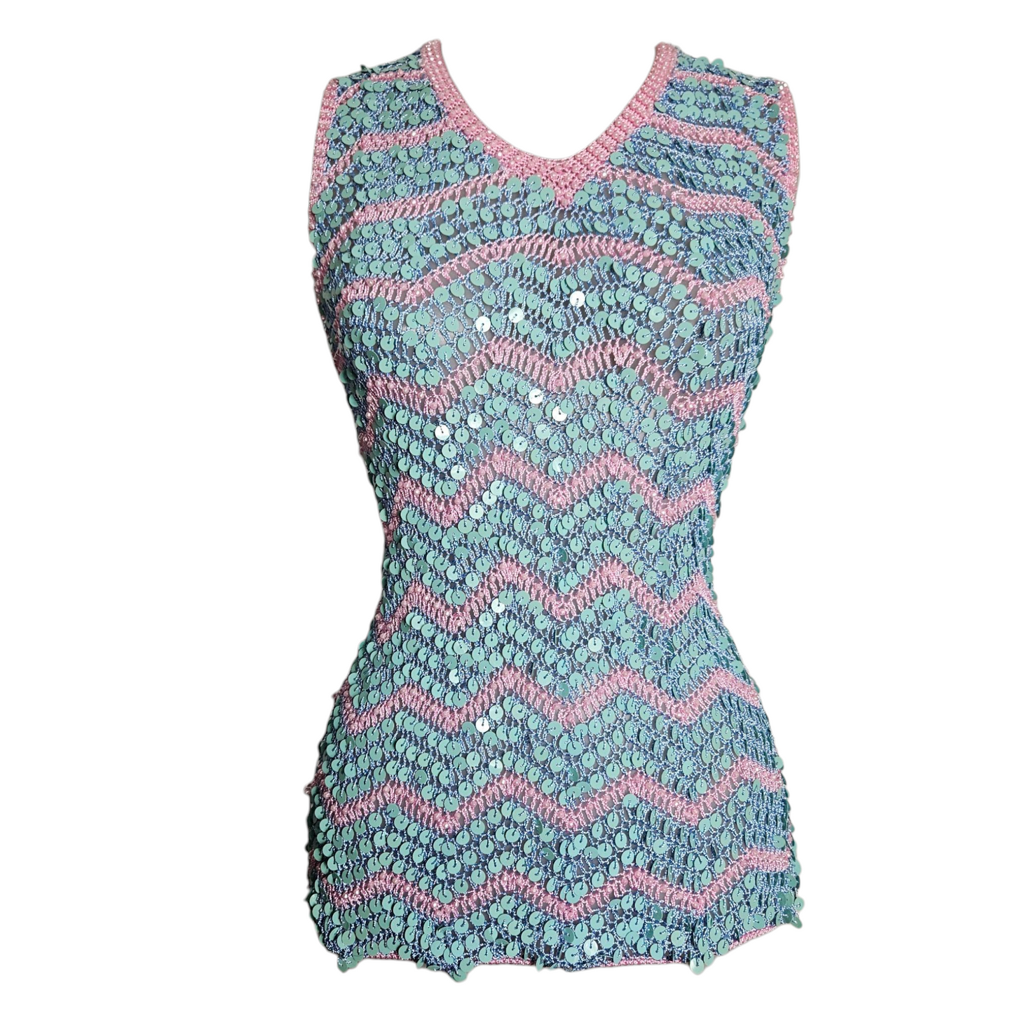 Vintage pastel sequin sleeveless top with zigzag pattern in green and pink tones, photographed on mannequin against neutral background by Lucid Dream 2007