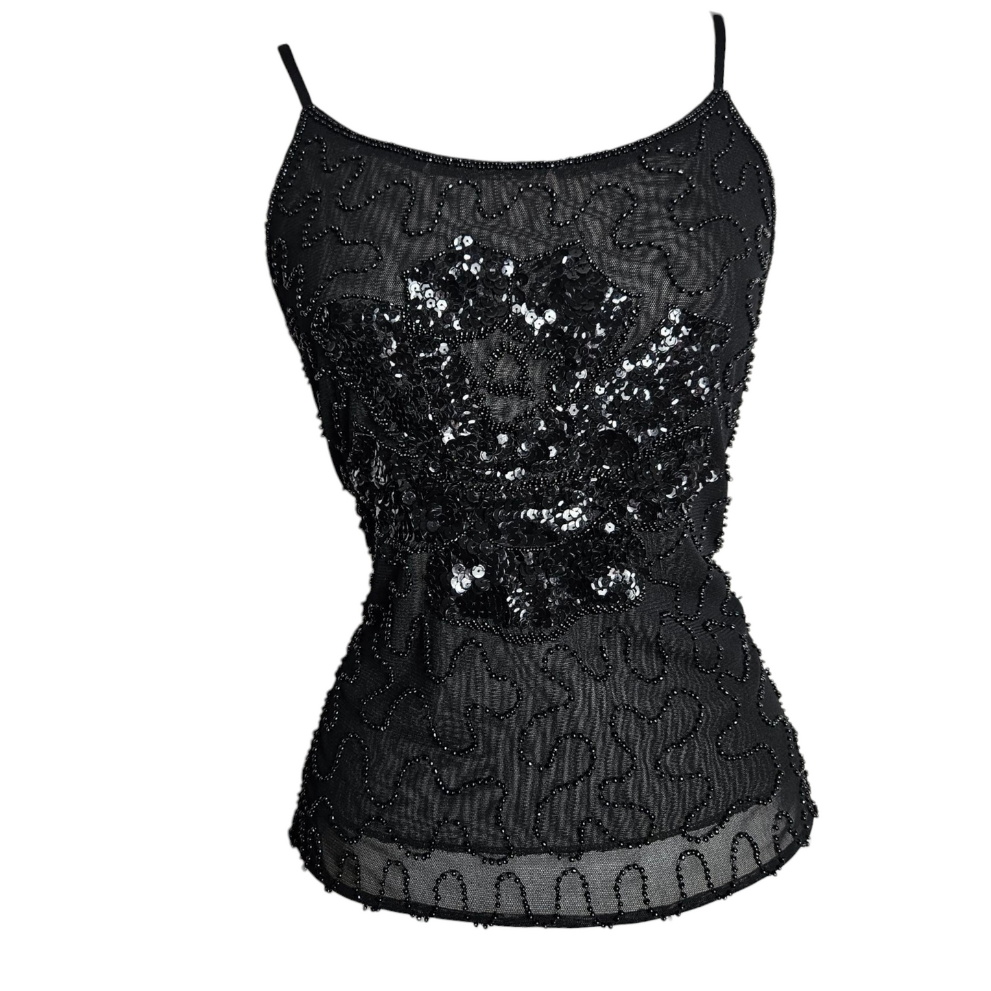Top negro con lentejuelas en forma de flor