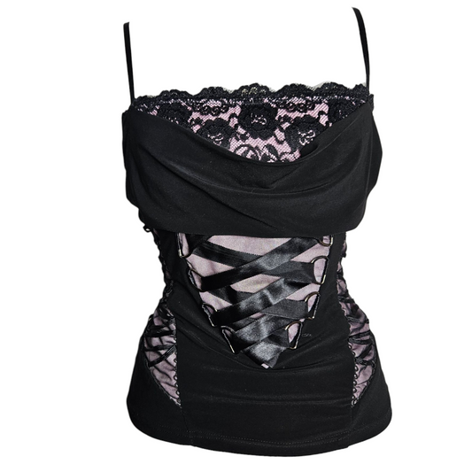 Vintage black lace corset top with pink sheer panels and lace-up front, photographed from the front on white background by Lucid Dream 2007