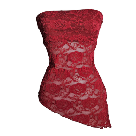 Vintage red lace strapless bustier top with floral pattern and asymmetrical hem, romantic Y2K fairycore vibe, by Lucid Dream 2007