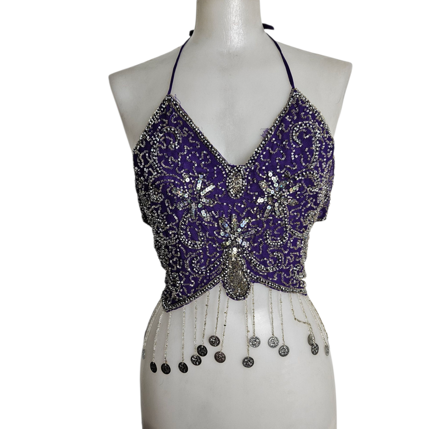 Top halter con mariposas moradas y plateadas