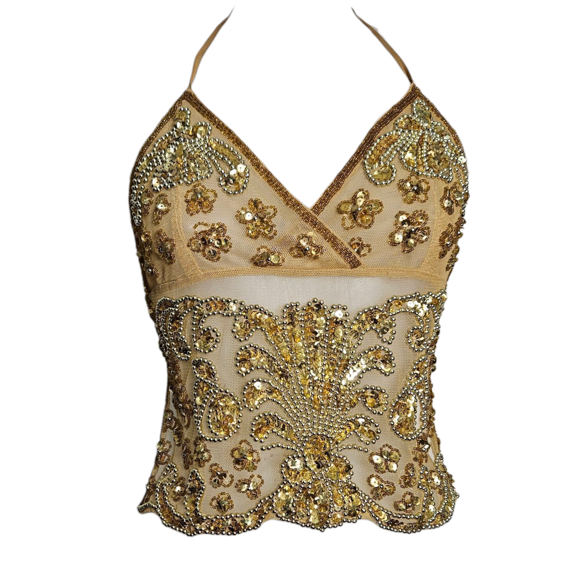 Haut vintage doré en tulle brodé de perles et sequins, vue de face, avec décolleté croisé et motifs floraux