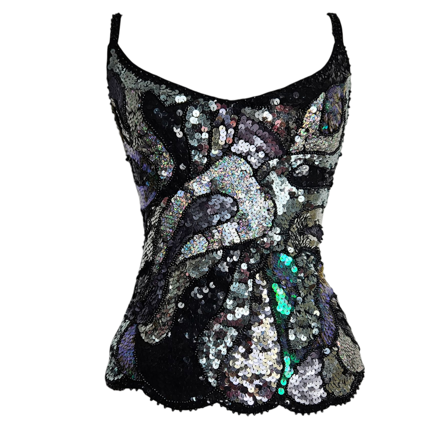 Vintage black sequin camisole top with abstract silver and multicolor pattern, photographed on mannequin against neutral background by Lucid Dream 2007