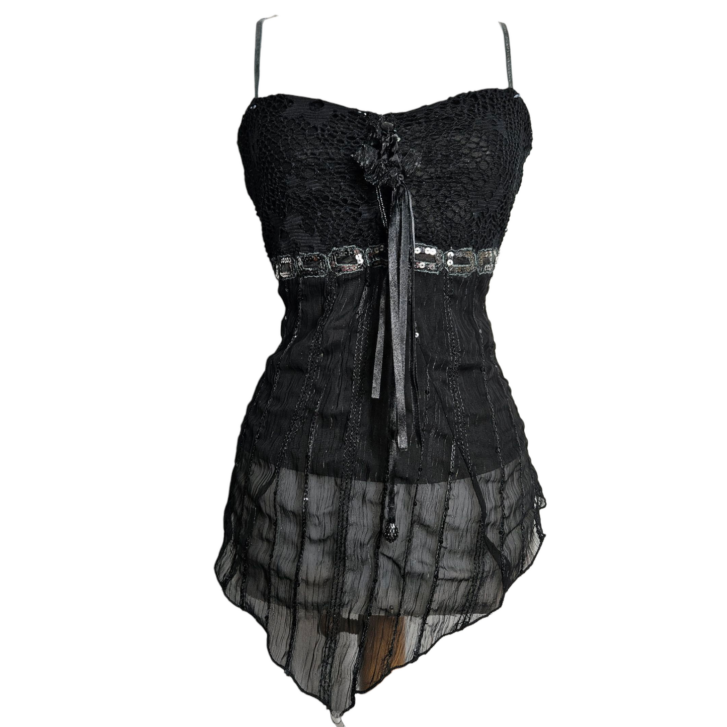 Vintage black sheer corset top with lace bodice, sequin waistband and asymmetrical hem, photographed on mannequin against neutral background by Lucid Dream 2007