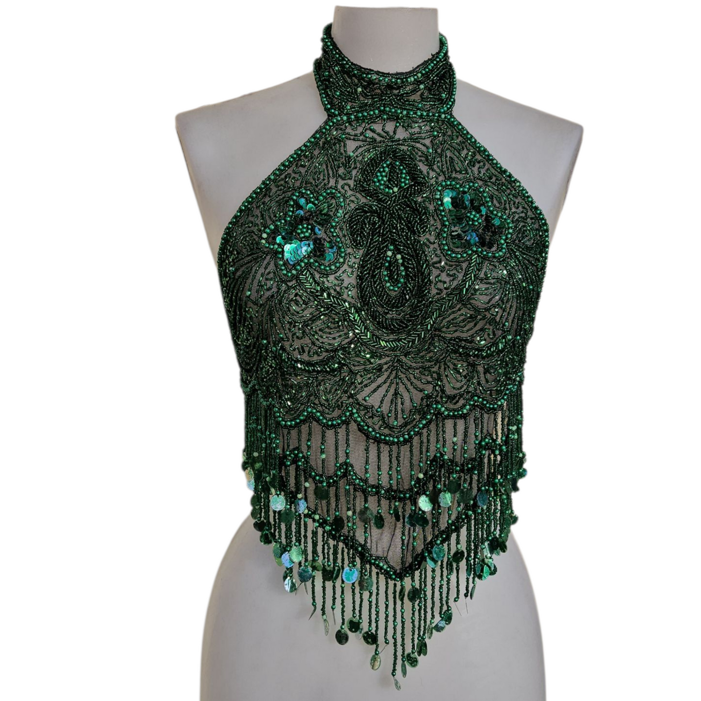 Dos nu brodé de sequins vert et noir