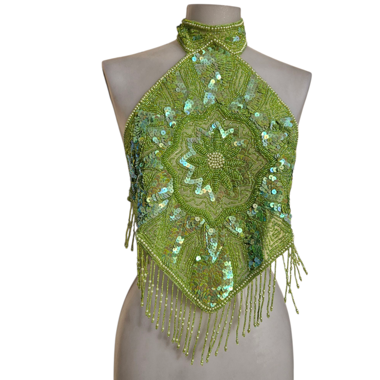 Espalda abierta verde manzana bordada con lentejuelas